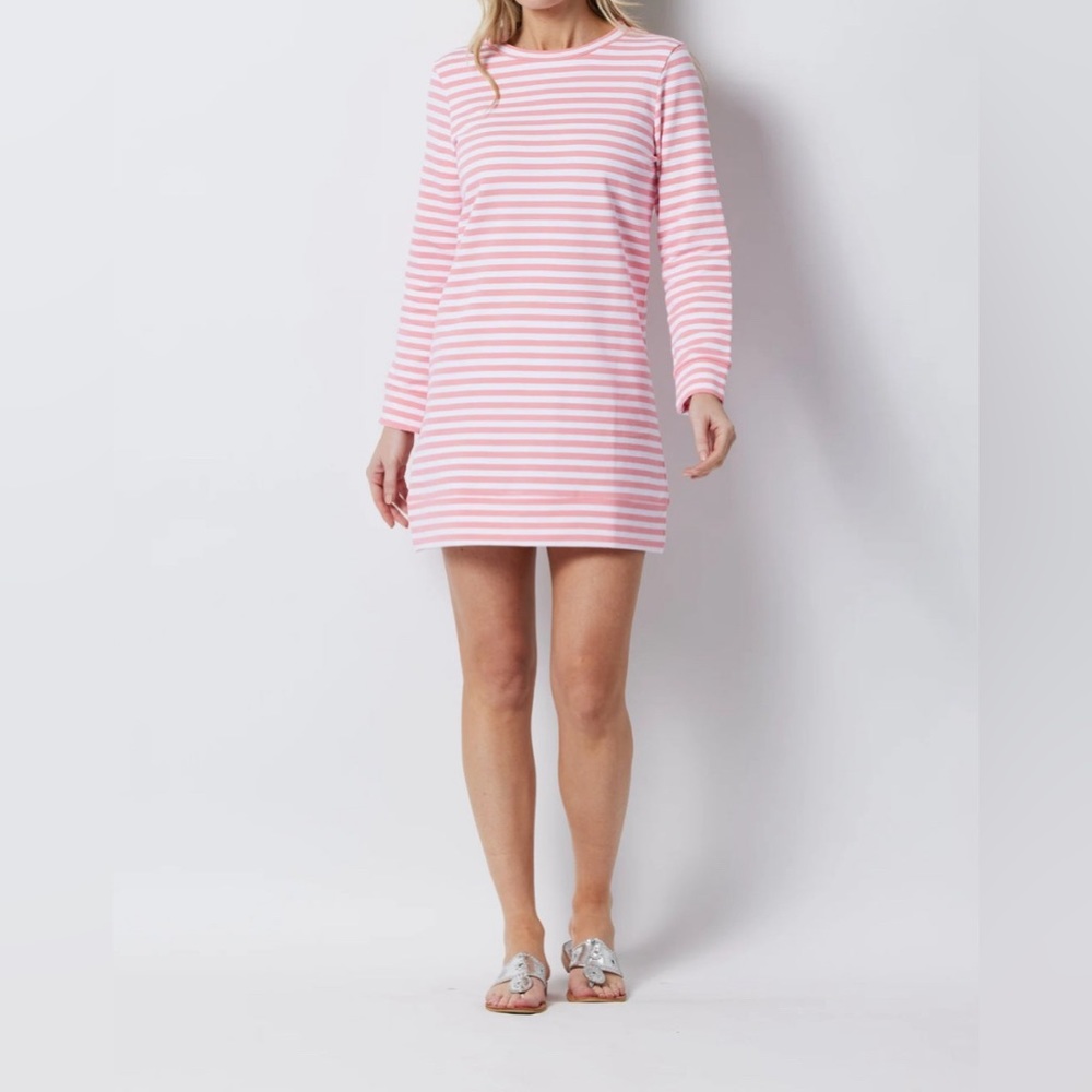 Sail to Sable Long Sleeve Sweatshirt Dress - Coral/White